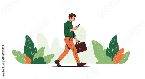 Man walking and texting in the park with briefcase, commuting to work in nature