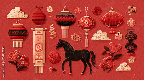Included in the Chinese New Year 2026 icon set are lanterns and horse clouds.