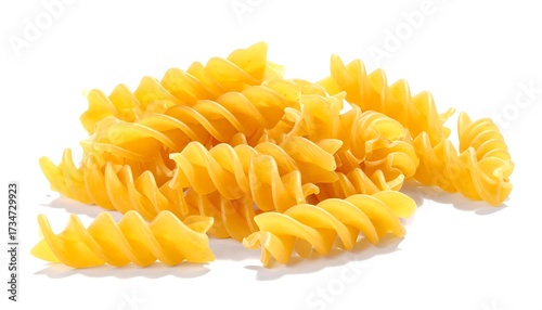 A pile of golden spiral pasta, showcasing detailed textures and a simple, elegant presentation against a clean white background.