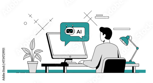Person interacting with AI chatbot on computer for assistance and work process