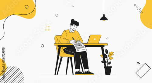 Person signing a contract with laptop on desk in a modern office space design