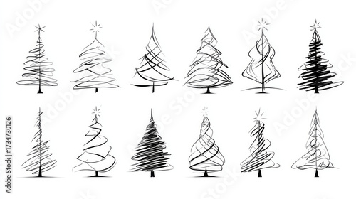 Christmas tree line art drawing vector set with abstract style