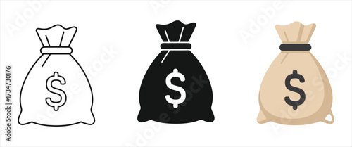 Three money bag icons with a dollar sign in black outline, solid black, and beige with black dollar sign