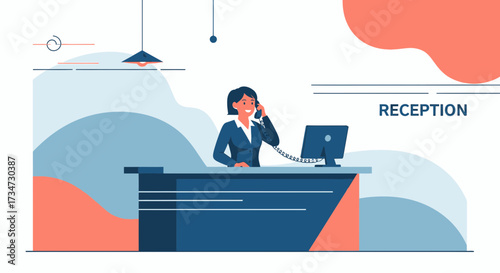 Professional woman at reception desk answering phone call with computer backdrop