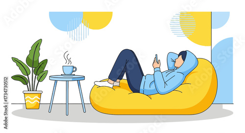 Relaxing at home modern vector illustration portraying a person enjoying leisure time with a