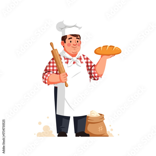 Friendly cartoon baker character holding a fresh loaf of bread and a rolling pin, standing next to a sack of flour.