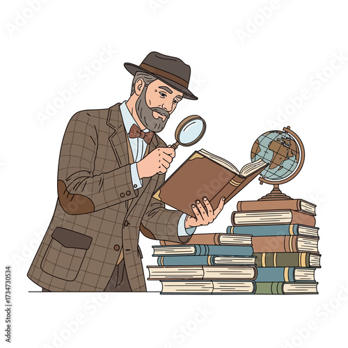 A distinguished man in a hat and tweed jacket uses a magnifying glass to read a book, surrounded by a stack of books and a globe, symbolizing study and exploration.