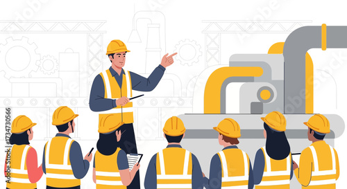 Safety instruction and training for industrial workers wearing helmets and vests in factory