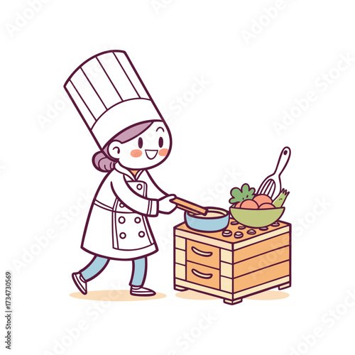 Cartoon chef cooking with pot vegetables and kitchen utensils cute art