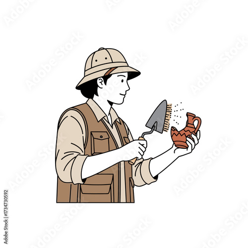 An archaeologist carefully cleans an ancient pottery artifact with a brush and trowel, revealing historical details.