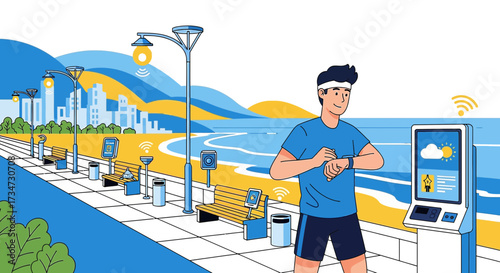 Smart city technology illustration featuring a runner checking his smartwatch near the beach