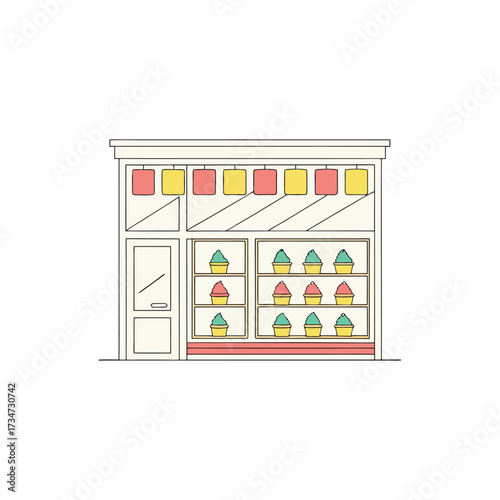 Charming cupcake shop facade with pastel colors and modern design elements