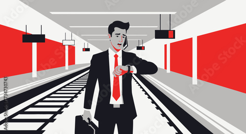 Stressed businessman checking time while on phone at a subway station platform