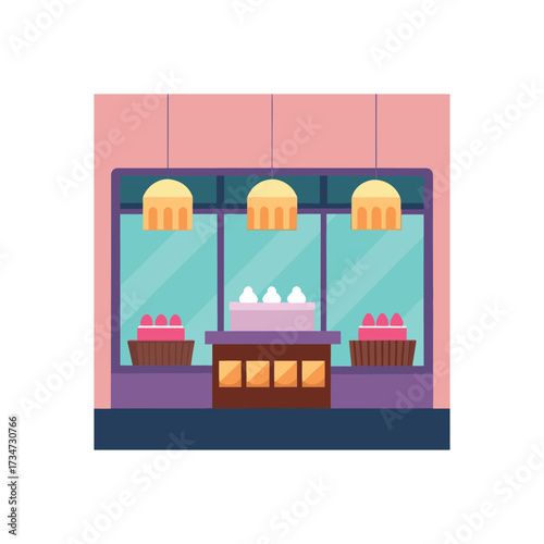 Charming bakery window display featuring cakes and pastries vector design