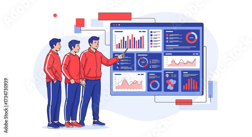 Team analyzing data on a dashboard for better business performance and growth illustration
