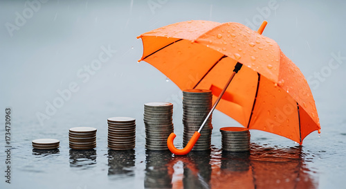 Orange umbrella protecting stacked coins symbolizing financial security and investment safety