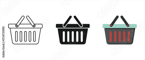 Three shopping basket icons in outline, solid black, and colored styles on a white background grocery cart