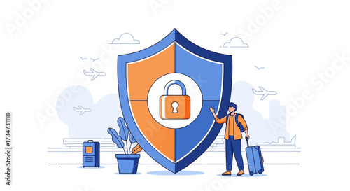 Travel insurance with digital data protection concept offers secure travel planning illustration