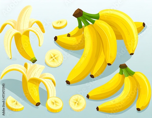 Cartoon bananas with slices and peels