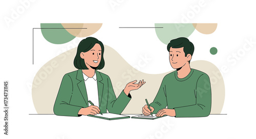 Two colleagues in a meeting discussing notes during a business presentation illustration