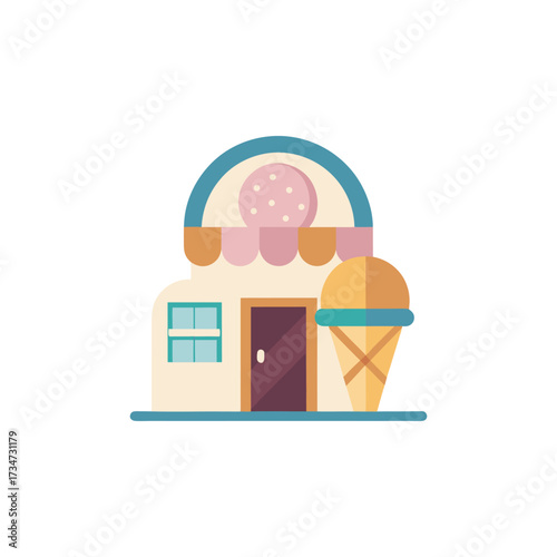 Cute cartoon ice cream shop facade with cone illustration vector design