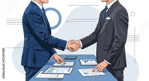 Two business partners shaking hands over agreement documents in a blue atmosphere illustration