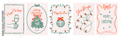 Hand drawn Christmas poster set. Retro vintage New Year doodle illustrations in minimalist line art style with holiday wreath, bows, Christmas tree, wine. Festive coquette vector design	