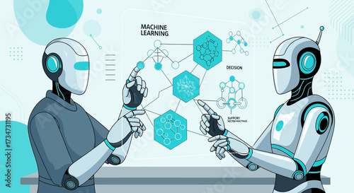 Two futuristic robots collaborate on machine learning algorithms and decision support system