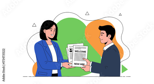 Welcoming a new employee with employment contract and human resources paperwork illustration