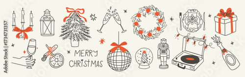 Retro vintage New Year doodle set. Hand drawn sketches in a minimalist style. Festive Christmas and holiday elements for invitations, posters, party decor, and celebration design.