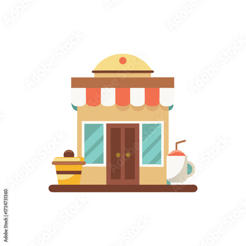 Cute Coffee Shop or Cafe Building Illustration with Drinks Available
