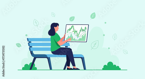 Woman analyzing stock market data on tablet while relaxing in a serene park setting