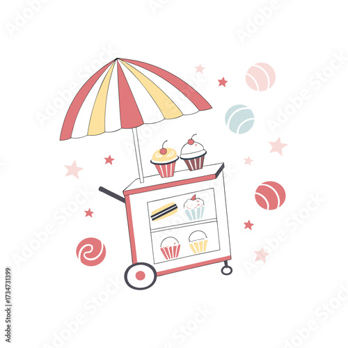 Cute dessert cart illustration with sweets and pastries design asset