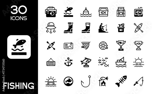 Minimal Line Art Fishing Icon Set | Fish, Hook, Boat, Lure & Outdoor Adventure Symbols
