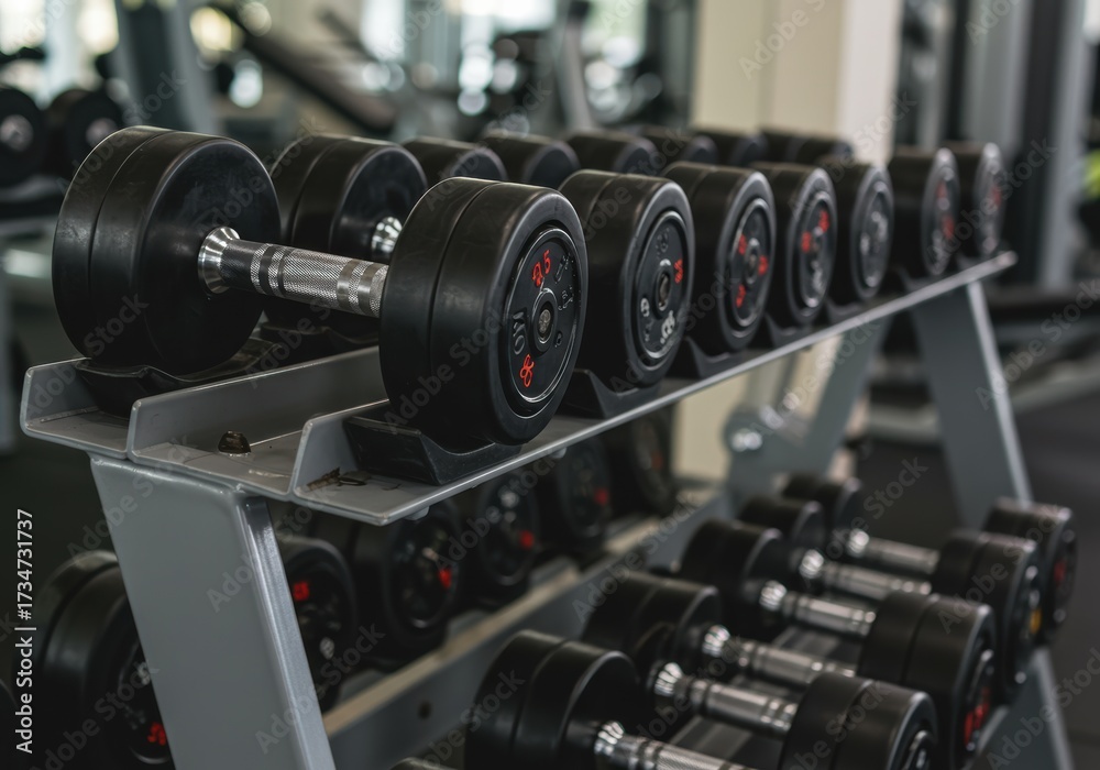 Naklejka premium Dumbbells neatly arranged on a rack in a modern gym setting.