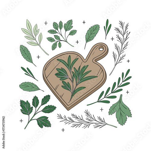 Fresh herbs on a wooden cutting board flat lay composition illustration