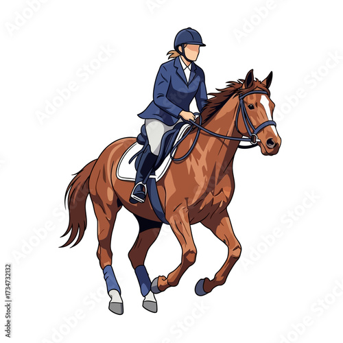 A person riding a brown horse in equestrian competition, wearing a blue jacket and helmet.