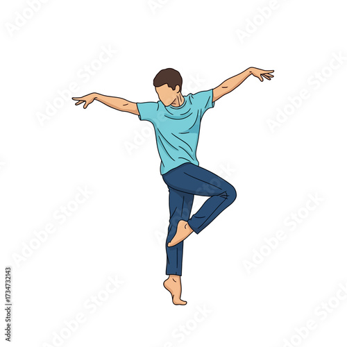 Illustration of a man in a blue shirt and jeans balancing on one leg.