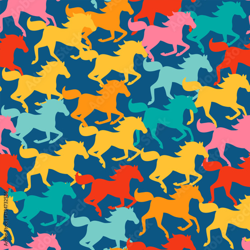 Colorful seamless pattern with running horse herd. Vector illustration. Cartoon animal icons background. Pony texture fashion design. Cowboy gallop print, freedom concept. Kids equine wallpaper.