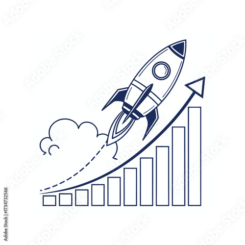 Rocket launching with a rising graph representing success and growth