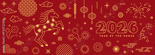 Chinese Happy New year 2026 Horse poster banner. Vector illustration. China lunar pattern linear background. Line asian cloud lantern decoration. Japanese menu frame border, holiday firework salute