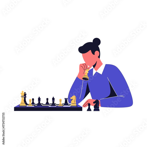Woman playing chess, thinking about her next move.