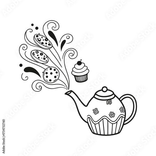 Teapot with cookies and cupcake emanating design vector illustration food theme