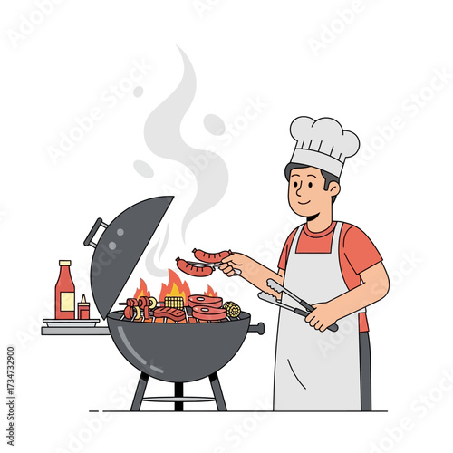 Chef grilling sausages and burgers on a barbecue grill.