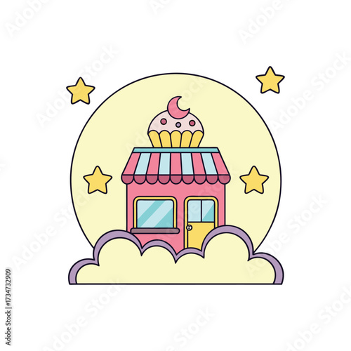 Whimsical dessert shop with cupcake roof under starry sky dream
