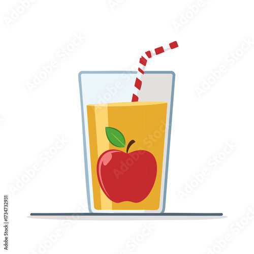 Refreshing apple juice in a tall glass with red fruit graphic and striped straw vector
