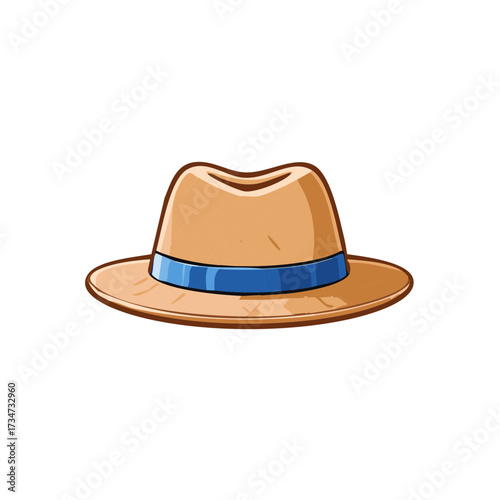 Cartoon straw hat with blue band, summer vacation headwear illustration