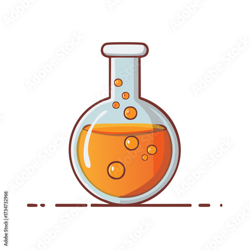 Illustration of a round bottom flask containing orange liquid with bubbles