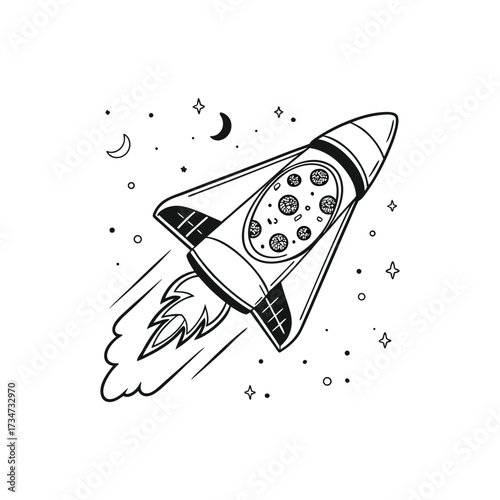 Whimsical rocket with pizza pattern soars through a celestial space