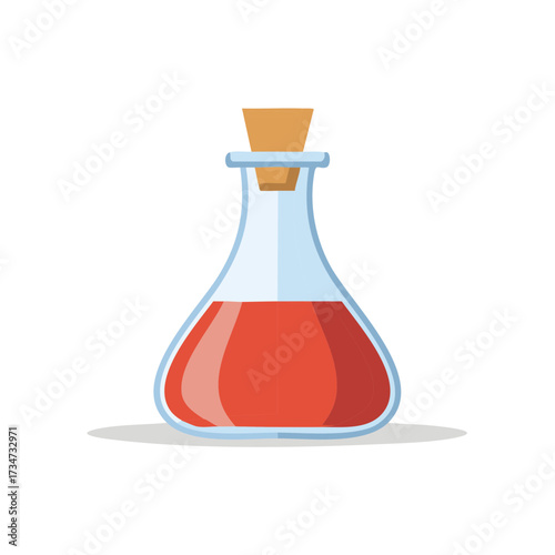 Vibrant red liquid inside a clear glass flask with a natural cork stopper, flat design style illustration